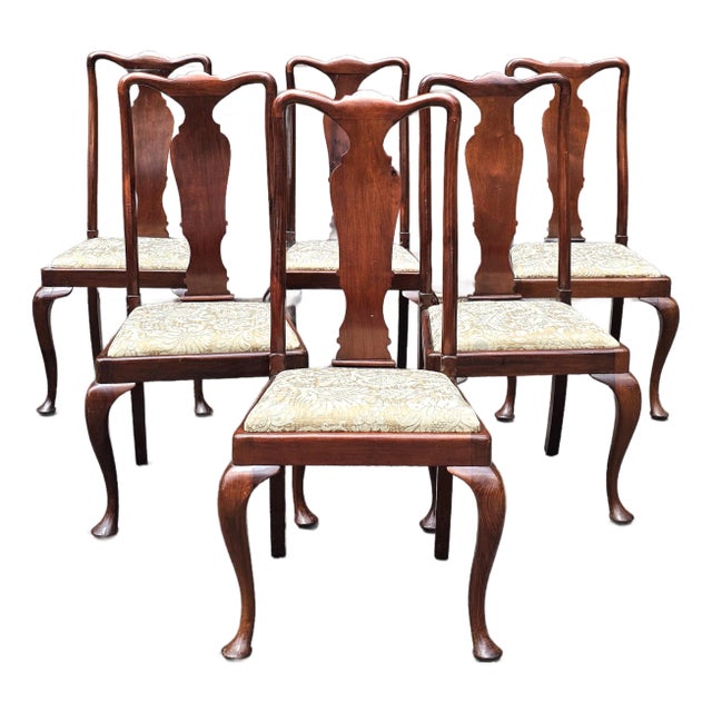 Mid 20th Century Queen Anne Style Walnut Dining Chairs- Set of 6 For Sale