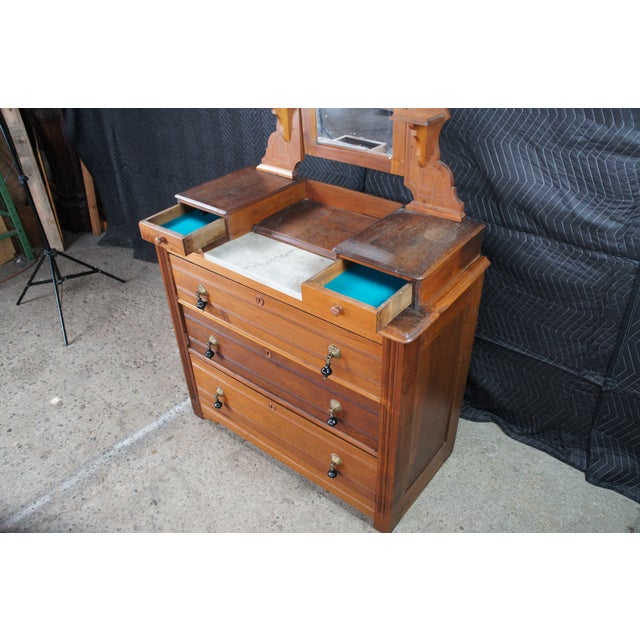 Antique Victorian Eastlake Walnut Marble Top Dresser Glove Box Shaving Mirror For Sale - Image 4 of 12