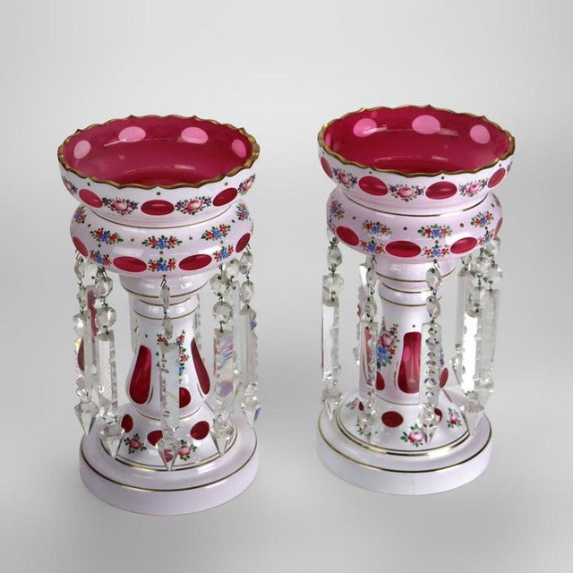 Victorian Pair Antique Bohemian Cutback Cranberry to Clear Lusters With Crystals C1890 For Sale - Image 3 of 7