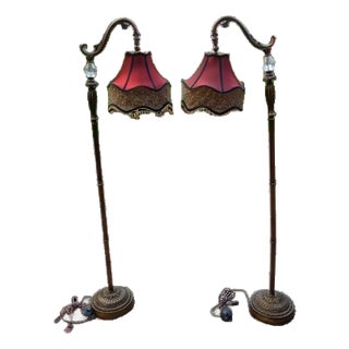 1980s 2 Art Nouveau Style Floor Lamps With Tiffany Lamp Shades With Crystal Tassels For Sale