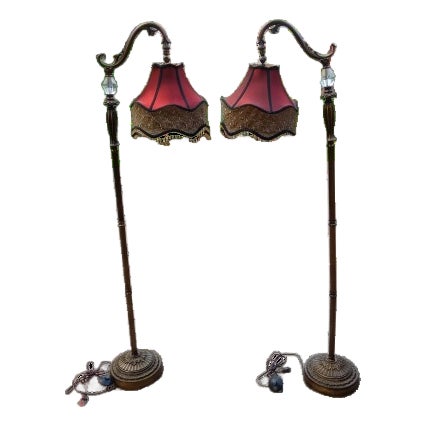 1980s 2 Art Nouveau Style Floor Lamps With Tiffany Lamp Shades With Crystal Tassels For Sale