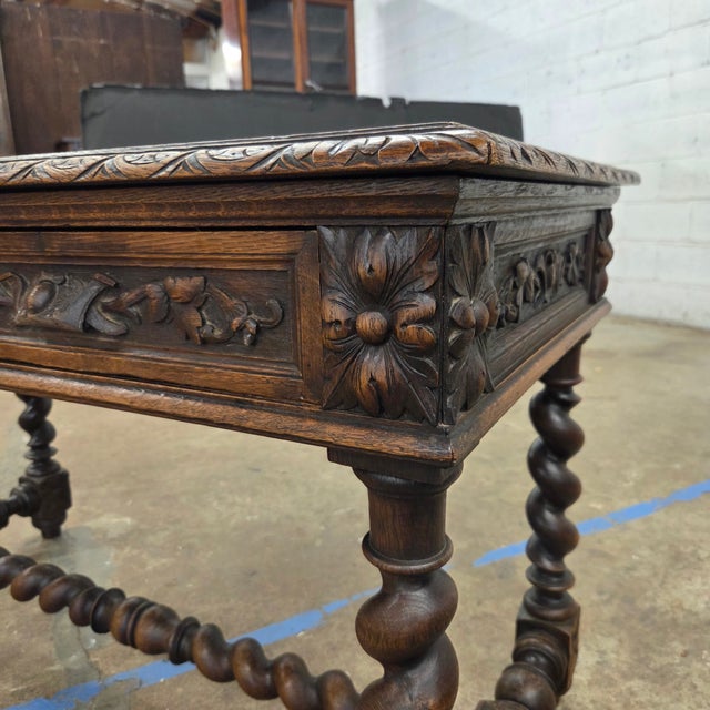 Brown Mid 19th Century Jacobean Carved Oak Barley Twist H-Stretcher and Leg Writing Table For Sale - Image 8 of 18