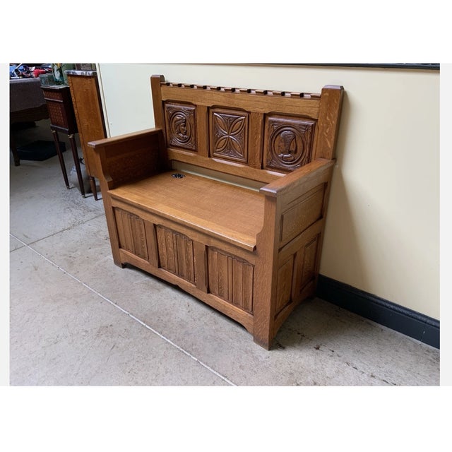 Brown Antique Breton Bench and Shoe Cabinet, 1950 For Sale - Image 8 of 9