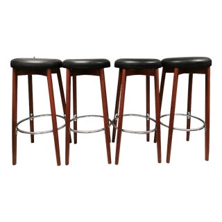 Teak Bar Stools with Black Imitation Leather Seats and Chrome-Plated Metal Footrests from Spøttrup Møbelfabrik, Denmark, 1960s, Set of 4 For Sale