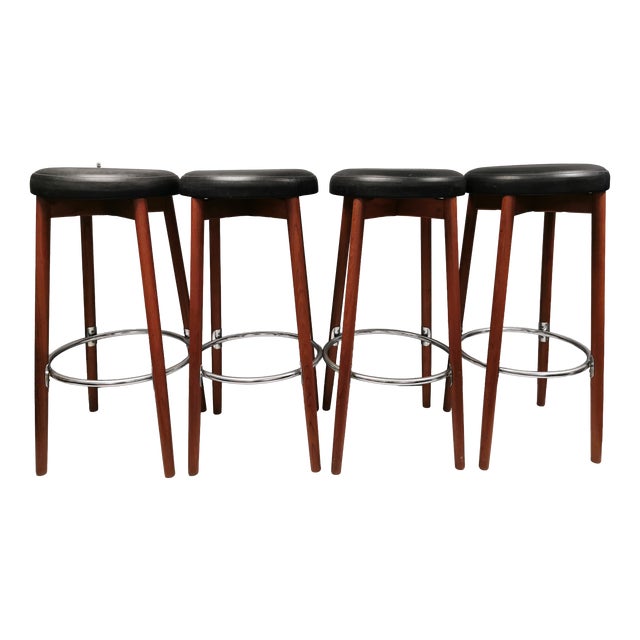 Teak Bar Stools with Black Imitation Leather Seats and Chrome-Plated Metal Footrests from Spøttrup Møbelfabrik, Denmark, 1960s, Set of 4 For Sale