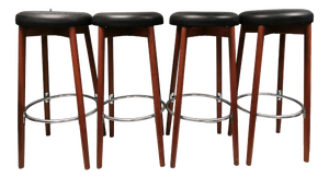 Teak Bar Stools with Black Imitation Leather Seats and Chrome-Plated Metal Footrests from Spøttrup Møbelfabrik, Denmark, 1960s, Set of 4