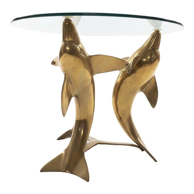 Mid 20th Century Triple Dolphin Brass Table With Clear Glass Top For Sale