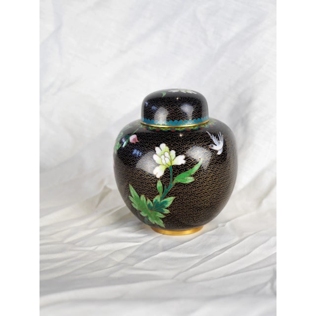 Chinoiserie Mid-Century Chinese Black Floral Cloisonne Ginger Jar For Sale - Image 3 of 11