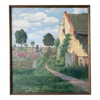 19th-Century English Garden Scene With Figures — Signed Oil on Canvas For Sale