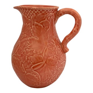 Rare Bordallo Pinheiro Portugal Coral Orange Grape Vine 9” Pitcher Ceramic Neiman-Marcus For Sale