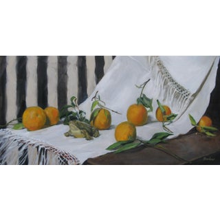 Oranges and China Frog by Linda Tracey Brandon | Oil on Canvas Still life of oranges and a frog For Sale