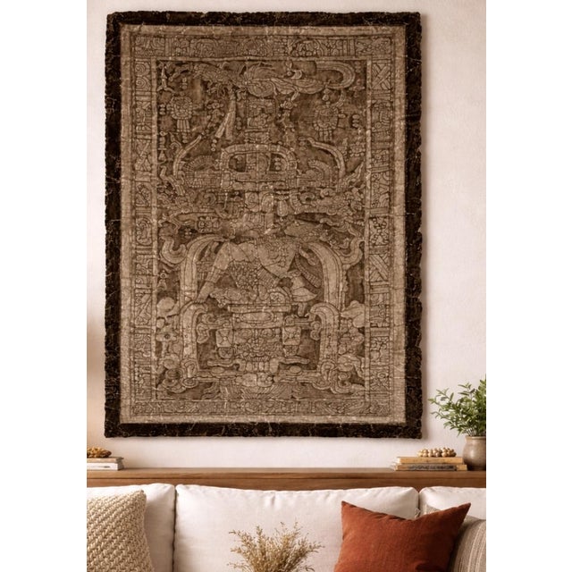 Striking large-scale embossed metal artwork featuring an intricate design inspired by pre-Hispanic (Mayan/Aztec)...