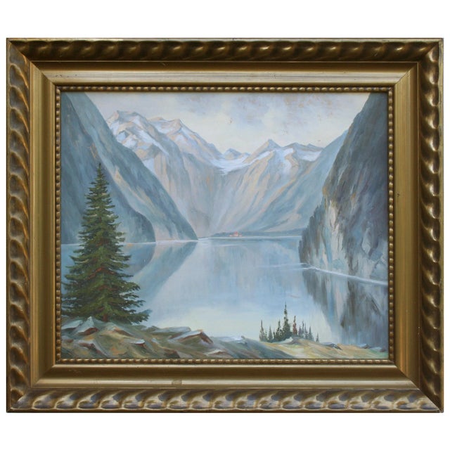 1940s Reflecting Mountains Norwegian Landscape Oil Painting, Framed For Sale In Monterey, CA - Image 6 of 6