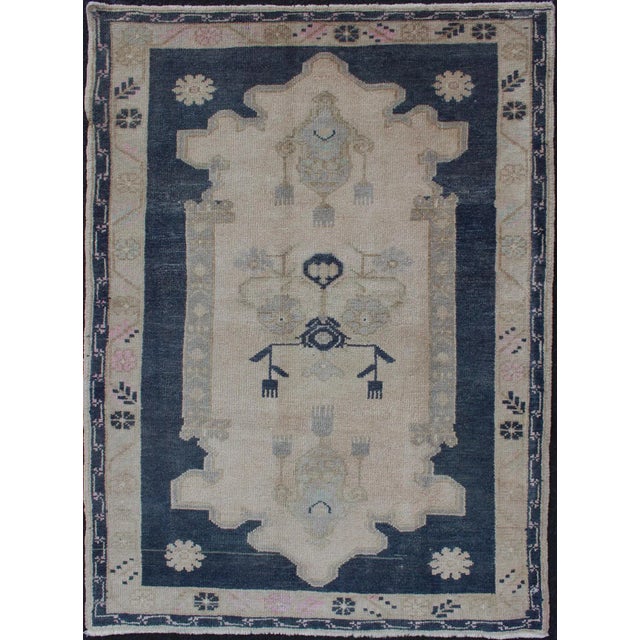 Blue and Cream Medallion Vintage Turkish Hand Knotted Oushak Rug With Tribal Geometric Design For Sale - Image 9 of 9