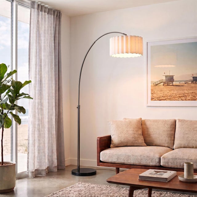 Contemporary 1960s Scallop 92" Arc Floor Lamp, Modern Black Nickel, Black Marble Base, White Linen Shade, Dimmable, Led Bulb Included For Sale - Image 3 of 4