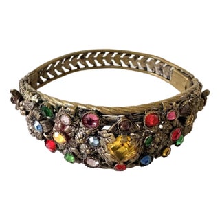 French Art, Deco, Brass, and Rhinestone Bengal Bracelet W/ Hinged Clasp For Sale