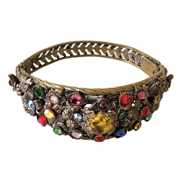 French Art, Deco, Brass, and Rhinestone Bengal Bracelet W/ Hinged Clasp For Sale