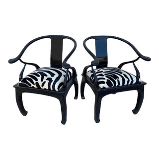 Hollywood Regency James Mont Style Horseshoe Frame Chairs Newly Upholstered in Cowhide- Pair For Sale