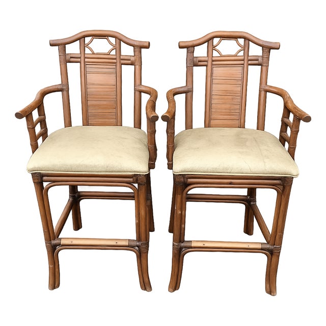 Late 20th Century Pair of Chinoiserie Rattan High-Back Armchairs For Sale