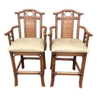 Pair of Chinoiserie Rattan Bamboo High-Back Armchairs For Sale