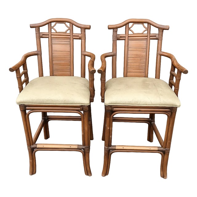 Pair of Chinoiserie Rattan Bamboo High-Back Armchairs For Sale