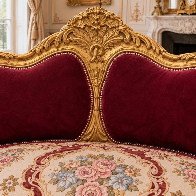 1960 Artisan Louis XVI Burgundy Beech Sofa Set-3 Pc For Sale - Image 11 of 16