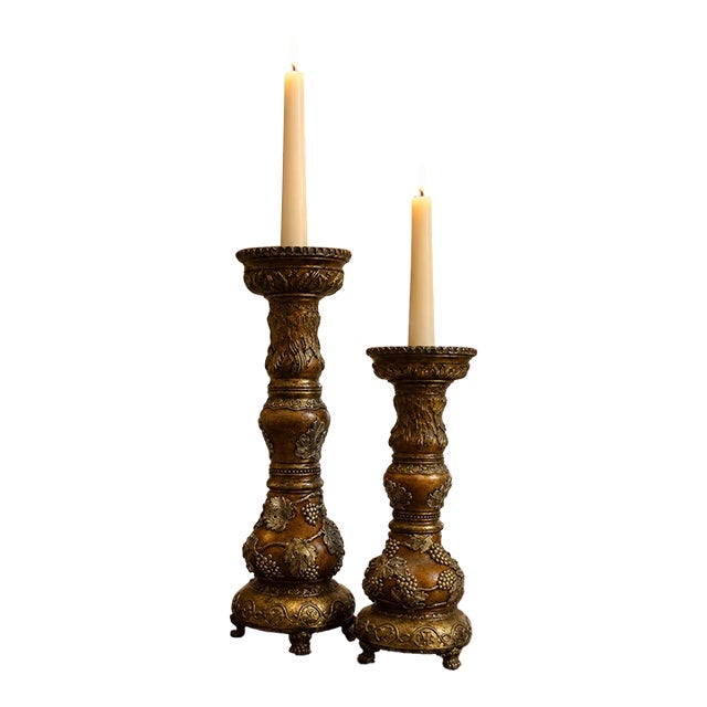 Pair of Ornate Grape & Vine Pillar Candle Holders, Old World Style For Sale