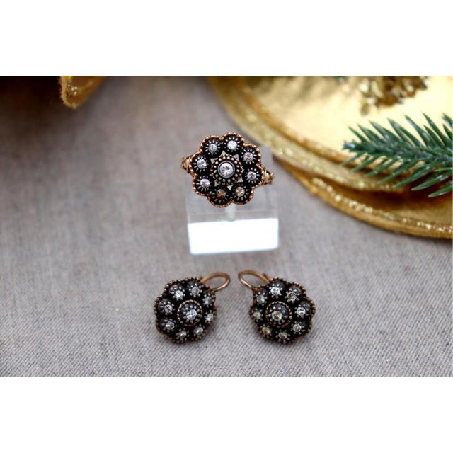 Ring and Earring Set in 19.2k Gold with Diamond Setting, Set of 3 For Sale - Image 4 of 8