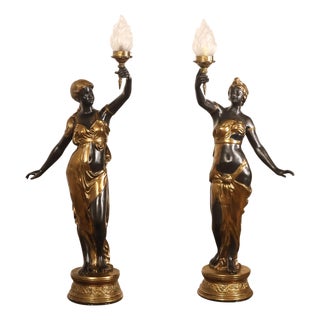 Late 20th Century Neoclassical Style Pair Of Bronze Figural Torchere Floor Lamps For Sale