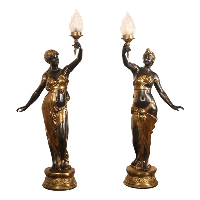 Late 20th Century Neoclassical Style Pair Of Bronze Figural Torchere Floor Lamps For Sale