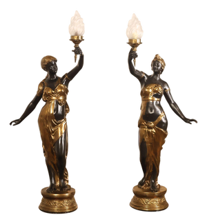 Late 20th Century Neoclassical Style Pair Of Bronze Figural Torchere Floor Lamps