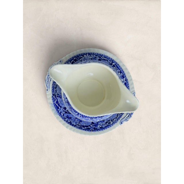 Ceramic Antique English Mason Blue-and-White Transferware Gravy Boat and Stand For Sale - Image 7 of 7