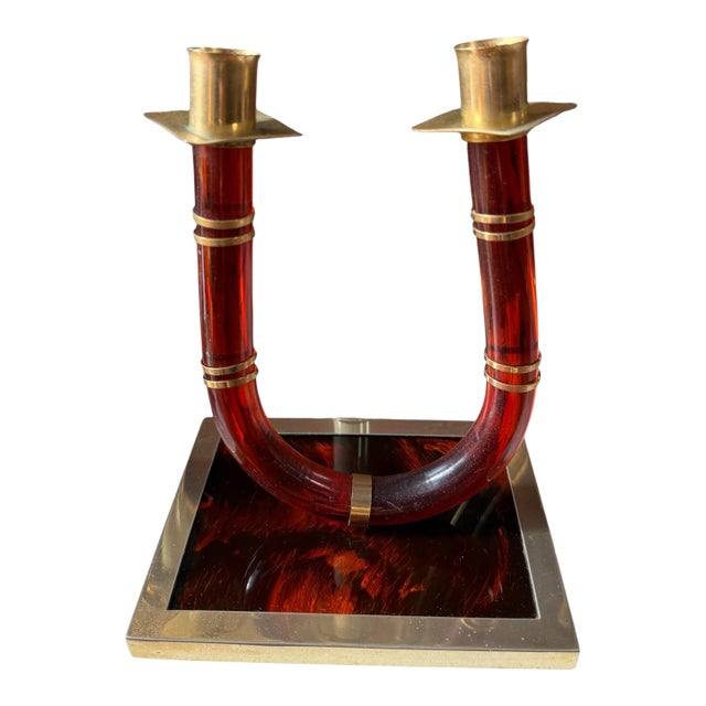 Italian Tortoiseshell Lucite and Brass Double Candlestick, 1970s For Sale