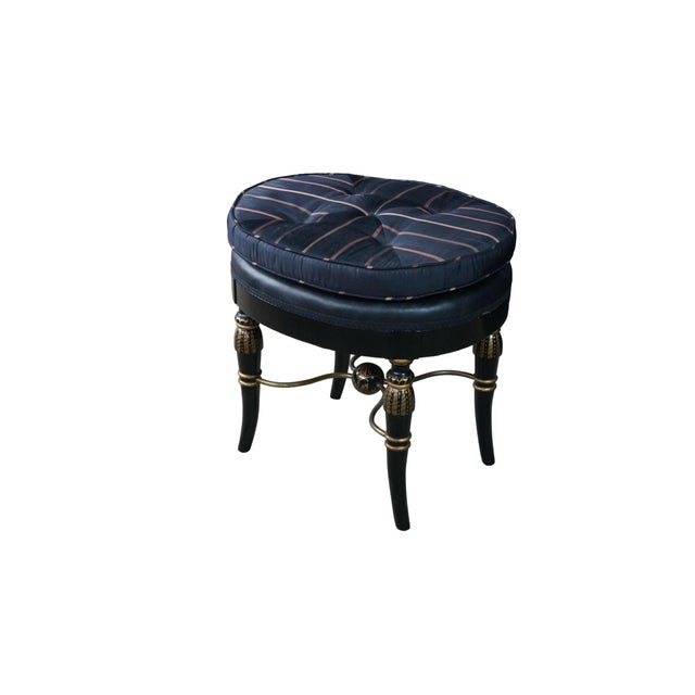 Mid-Century Modern Mid Century Regency Style Ebonized Gold Painted Upholstered Stool Pouf Bench For Sale - Image 3 of 18
