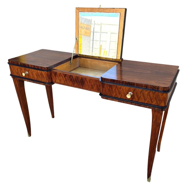 Art Deco Early 20th Century French Art Deco Flip Top Madagascar Rosewood & Brass Dressing Table Vanity For Sale - Image 3 of 13