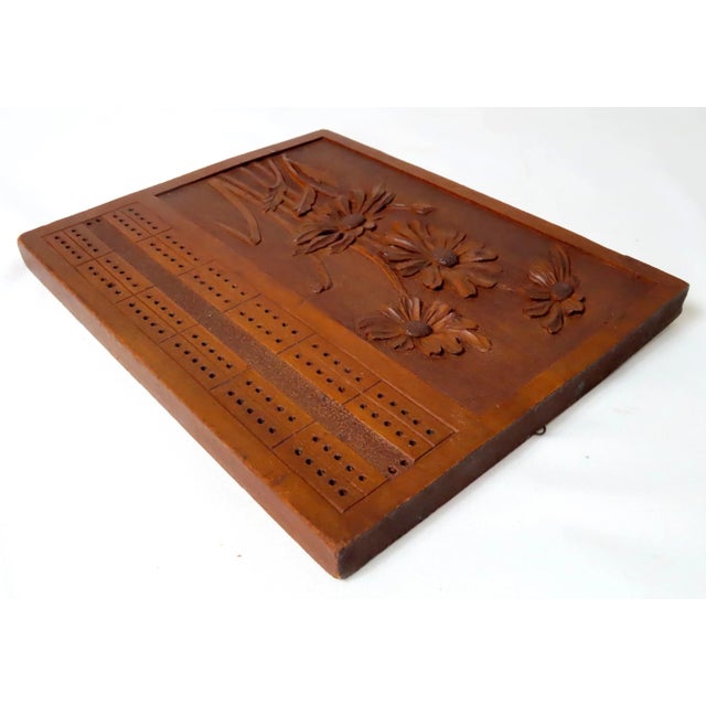 Antique Cherry Wood Cribbage Game Board With Fine Detail Hand Carved Flowers For Sale - Image 4 of 13