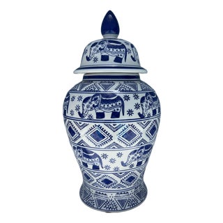 Vintage Ceramic Blue Elephant Ginger Jar For Sale