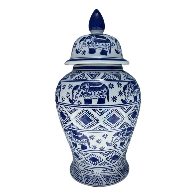 Vintage Ceramic Blue Elephant Ginger Jar For Sale