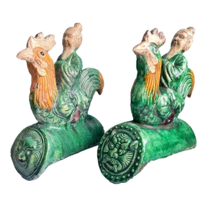 Antique Chinese Green Ceramic Architectural Roof Tile Figurines - a Pair