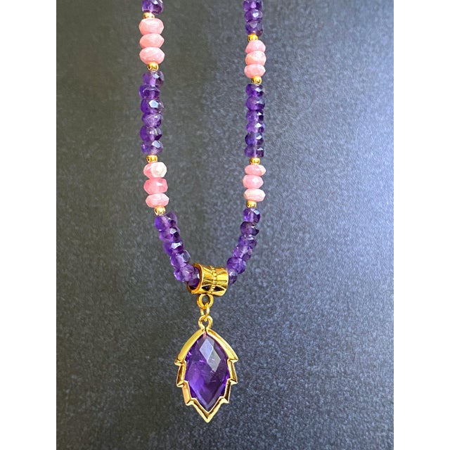 Artisan Amethyst Pendant Necklace With Genuine Argentine Rhodochrosite and Gilded Accents For Sale - Image 12 of 18