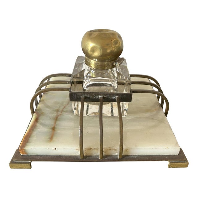 Inkwell in Onyx, Gold Metal and Crystal Tray, 1920s For Sale - Image 9 of 9