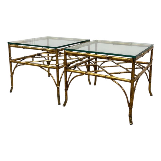 1970s Vintage Mid Century Modern Style Faux Bamboo Gold Color Side End Table Set of 2 Attributed to Phyllis Morris For Sale