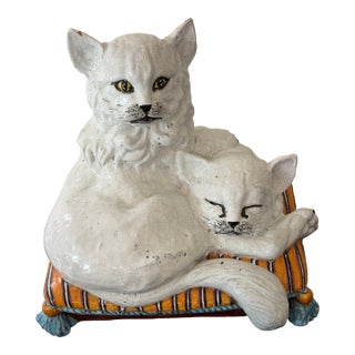 Monumental Italian Majolica Terracotta Mother Cat & Sleeping Kitten Sculpture on Striped Cushion, 22 Inches Wide For Sale