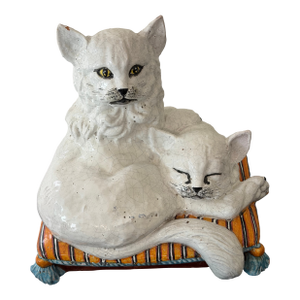 Monumental Italian Majolica Terracotta Mother Cat & Sleeping Kitten Sculpture on Striped Cushion, 22 Inches Wide