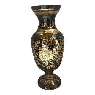 Vintage Black and Brass Etched Embossed Floral Design Vase Made in India For Sale