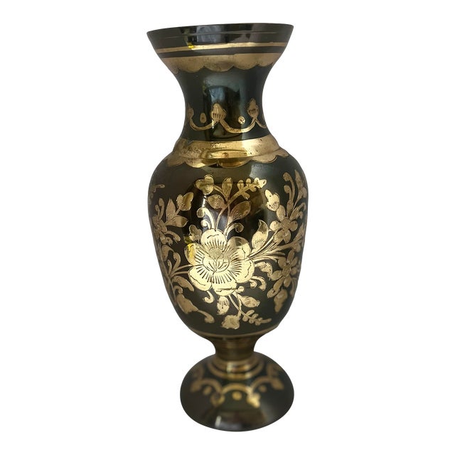 Vintage Black and Brass Etched Embossed Floral Design Vase Made in India For Sale