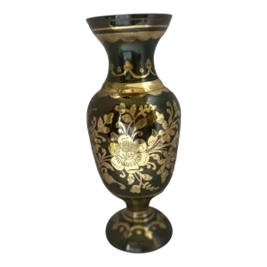 Vintage Indian Black & Gold Brass Overlay Vase – Hollywood Regency Moorish Style, 12”