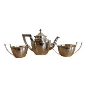 Whiting Arts and Crafts Hand-Hammered Sterling Silver Teapot, Creamer and Sugar, 18 Oz.