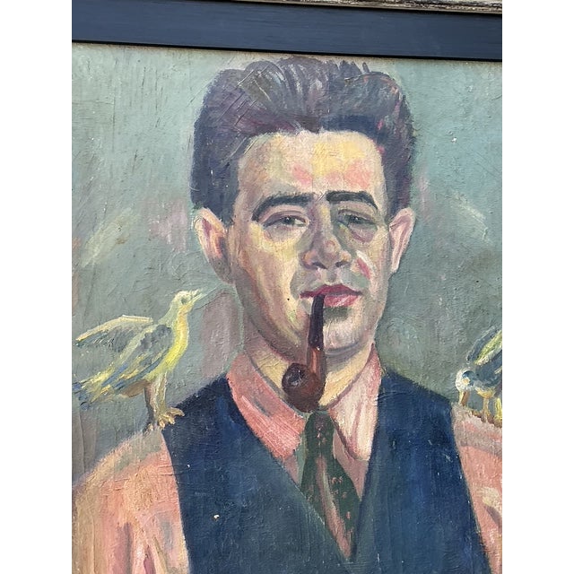 Vintage Original Oil Portrait of Man With Birds For Sale In West Palm - Image 6 of 12