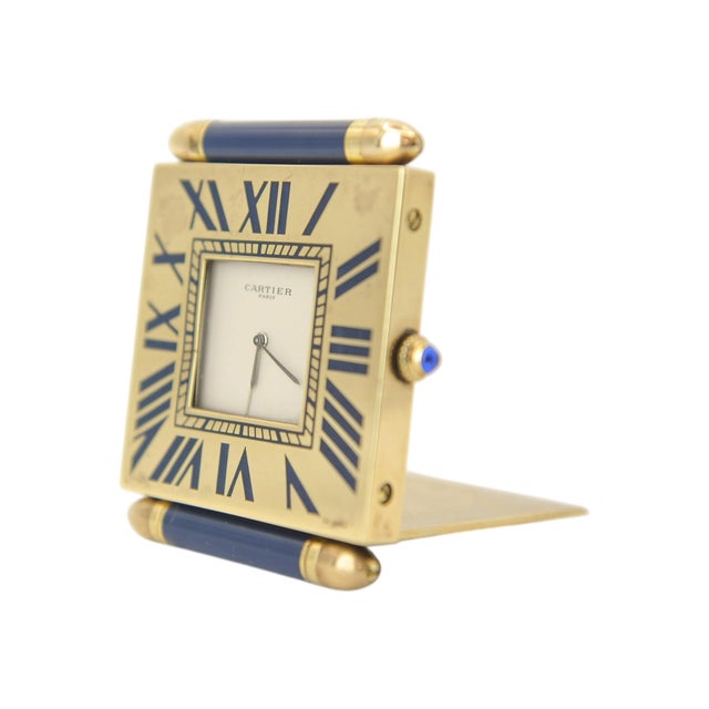 Folding Quartz Movement Alarm Clock in Gilt Metal and Blue Enamel from Cartier, 1980s, Set of 2 For Sale - Image 6 of 14